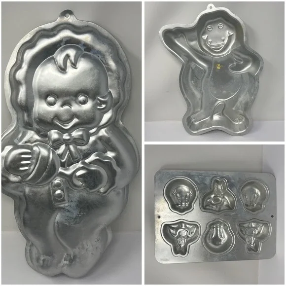 Wilton Vtg Cake Pan Lot‎ 3 Barney Baby Looney Tunes Aluminum Baking Molds 90's