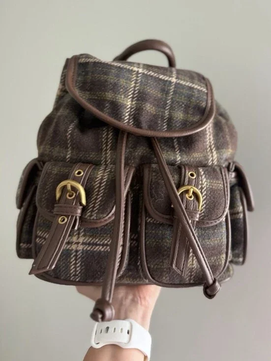 Madden Girl Brown Plaid Mini Backpack with Gold Hardware