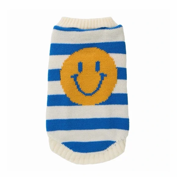 Top Paw Blue and White Striped Dog Sweater with Yellow Smiley