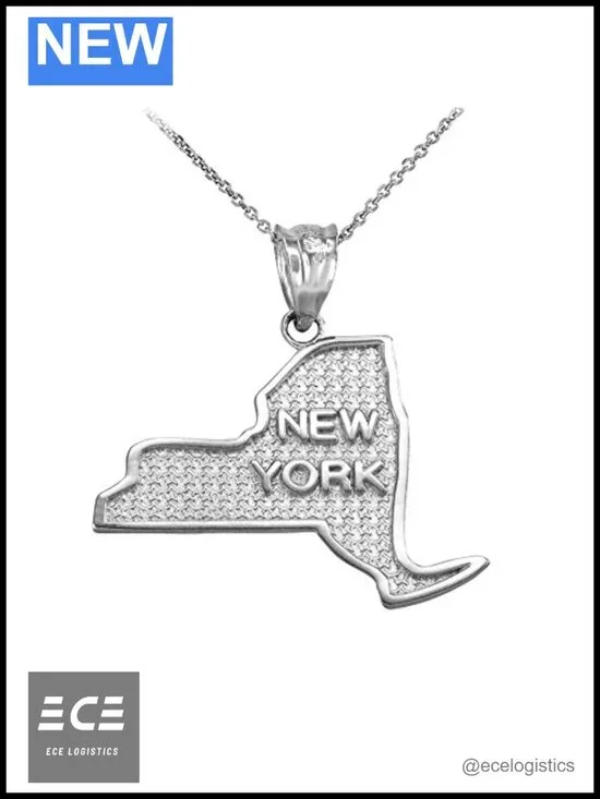 925 Sterling Silver New York State Map Pendant Necklace 22