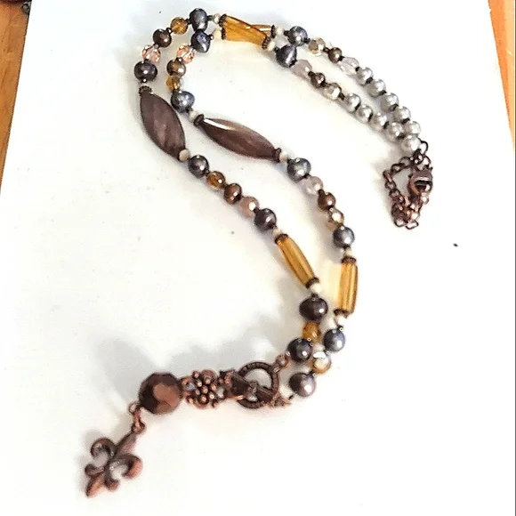 Fleur-de-lis Copper Color Brown & Yellow Gold Bead Necklace Cookie Lee Brand