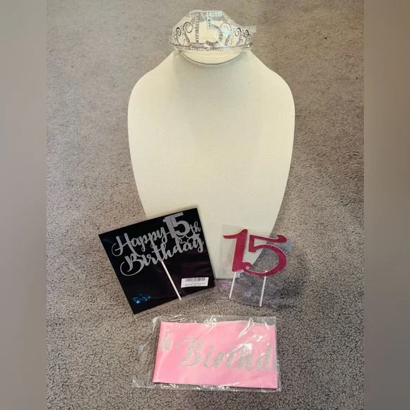 NWT 15th Birthday Party Decorations - Quinceañera Cake Toppers, Crown & Sash