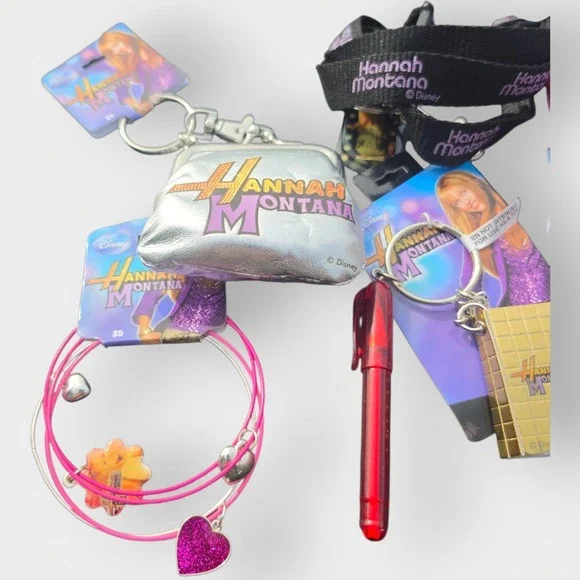 Hannah Montana LOT 2‎ Lanyards And 2 Coin Purses Pen Paper Bracelets Pink Purple