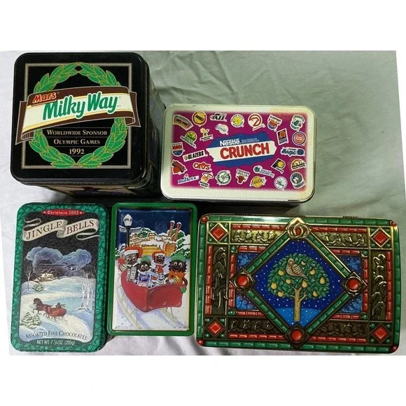 Vintage Candy Tin Lot‎ Milky Way Nestle Crunch Hershey Christmas Olympic 7 Pc