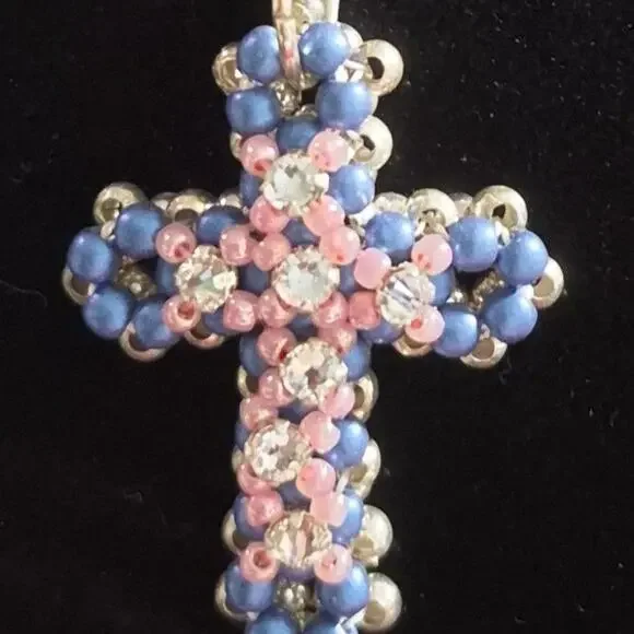 Handcrafted Blue Pink Crystal Rhinestone Pendant Sterling Silver Necklace 26