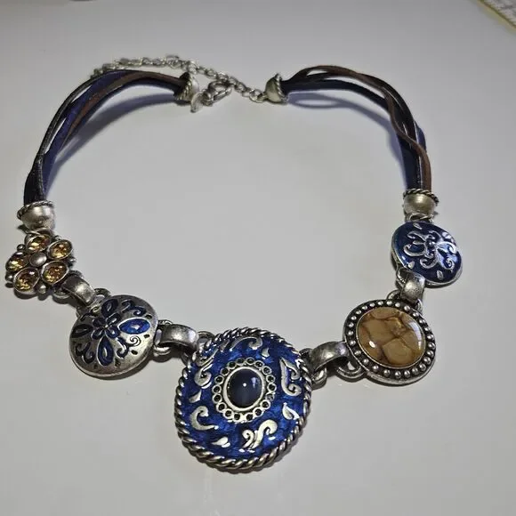 Stunning Vtg Signed CHICO'S 5 Asst'd Medallion Enamel & Leather Necklace 17-21