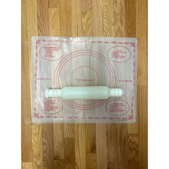 Vintage Tupperware Pastry Mat and Fillable Rolling Pin Set White Red MCM 1966