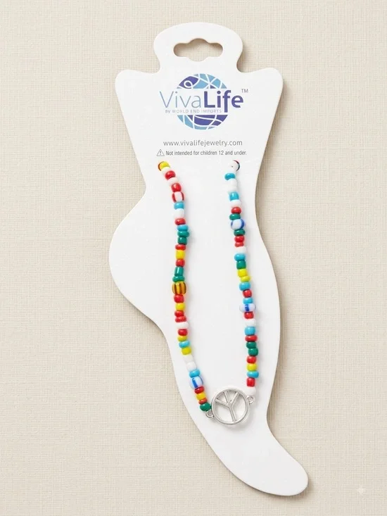 VivaLife Multicolor Kids Beaded Ankle Bracelet with Silver Peace Charm