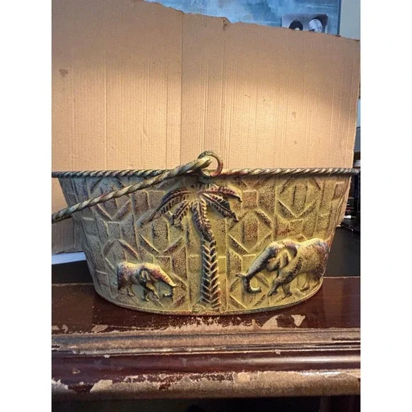 Vintage Metal Elephant with Palm Trees Decorative Oval Basket w/ Handles