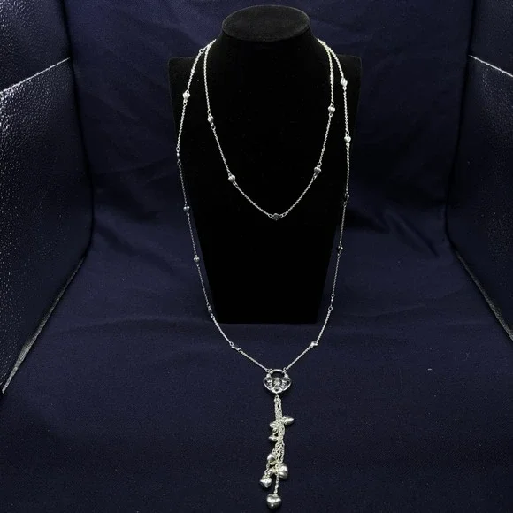 Candies Breaking‎ Hearts Silver Tone Long Station Necklace with Heart Tassel