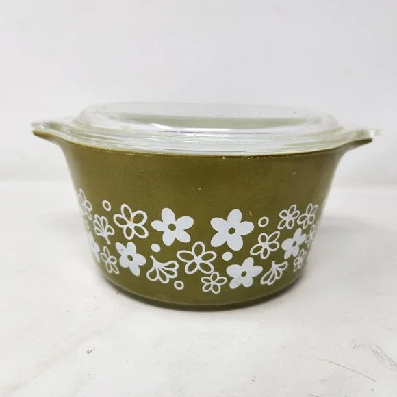 Vintage Pyrex 473-B Spring Blossom Green Crazy Daisy 1 Qt Casserole Dish Lid