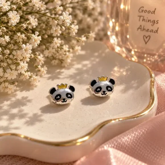 Mini Panda Crown Stud Earrings Silver Tone Cute Kawaii Animal Jewelry Gift