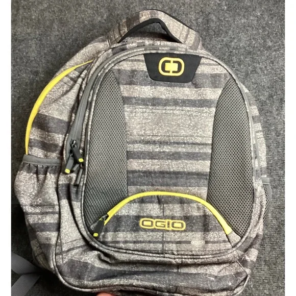 OGIO Backpack Grey Black Striped Yellow Accents School Travel Bag