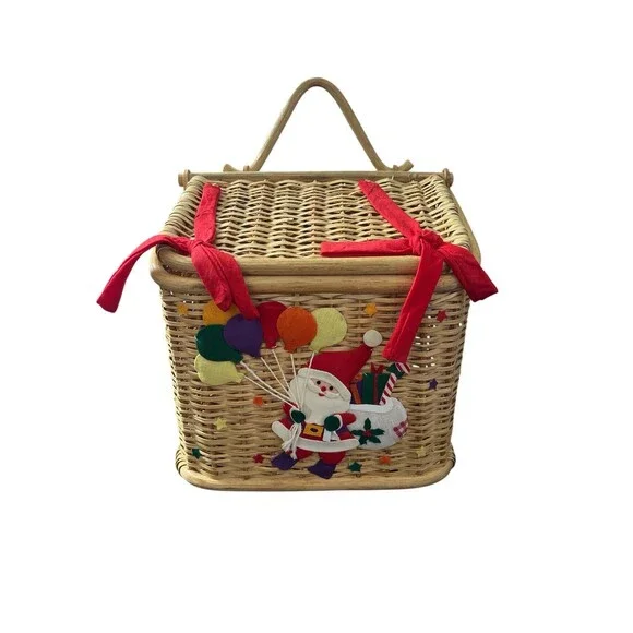 Vtg Santa Wicker Basket Unisex OS‎ Tan Holiday Applique Balloons