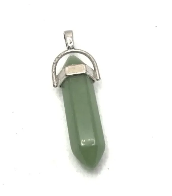 Vintage Green Aventurine Hexagonal Crystal Point Pendant Silver Tone Cap 1.5