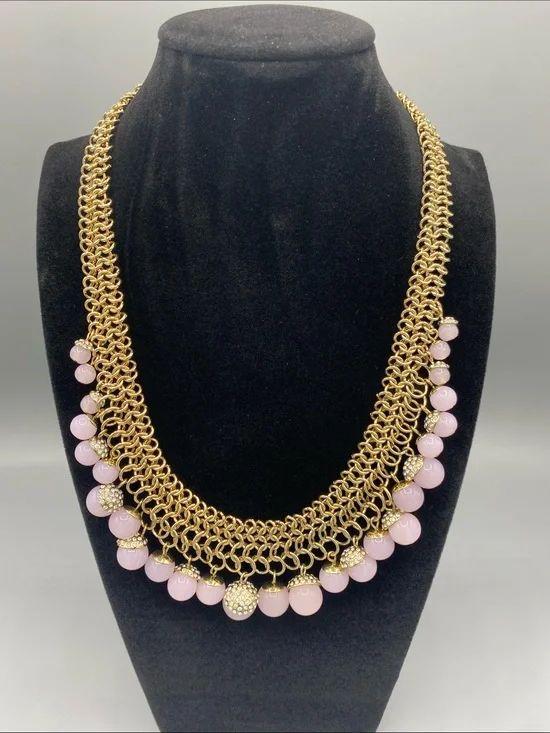 NWT‎ Ann Taylor Gold Chain Necklace with Pink Beads and Crystal Accents
