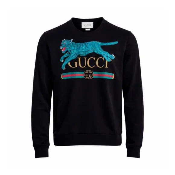 GUCCI Men's Black Leopard Appliqué Logo Print Crewneck Sweatshirt
