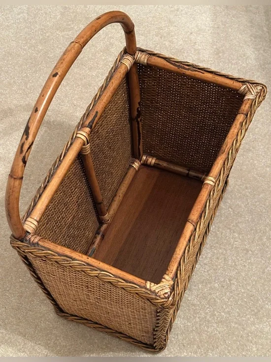 Boho Woven Rattan Rectangular Handled Basket - Tan