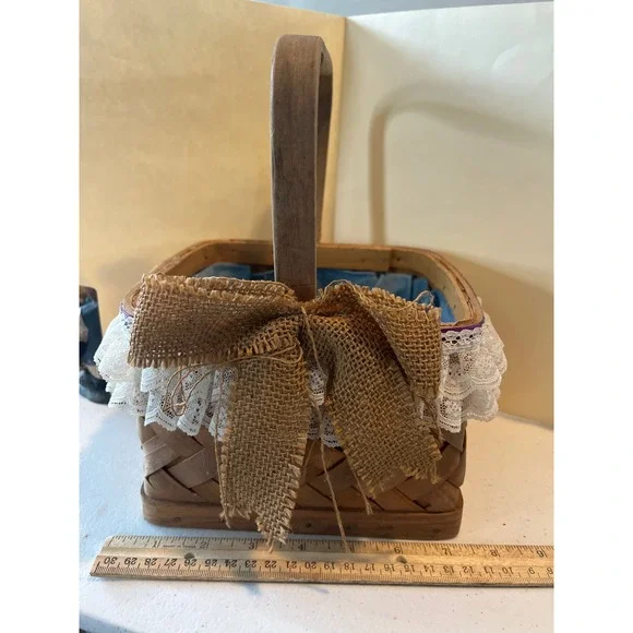 Vintage Woven Wood Basket with Lace Trim Burlap Bow and Blue Fabric Liner