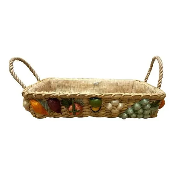 Vintage Cottage Fruit Basket Woven Raffia Harvest Centerpiece Decor