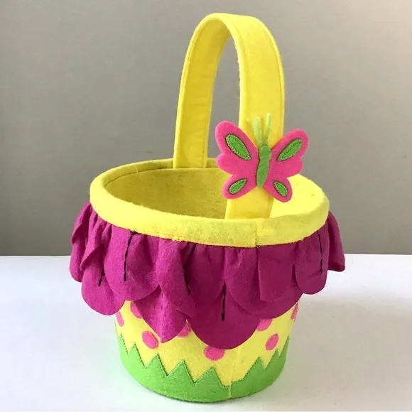 Decorative Felt Basket Bucket with Handle Butterfly Grass Flower Petals Ruffle