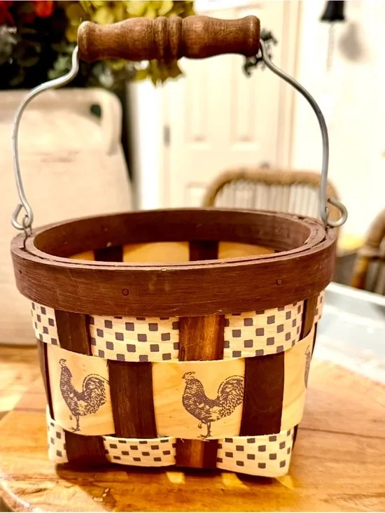Vintage Hand woven Brown and Cream Rooster Woven Accent Basket