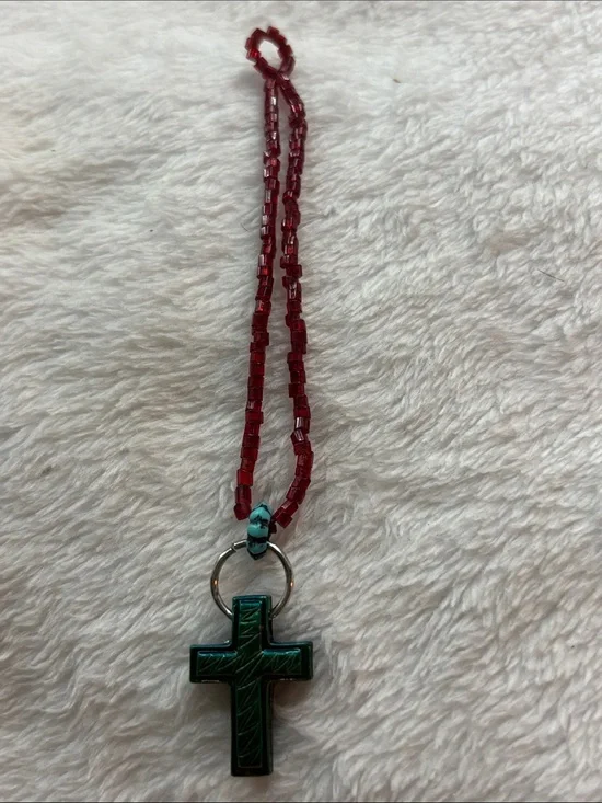 Handmade Red Beaded Necklace with Green Cross Pendant