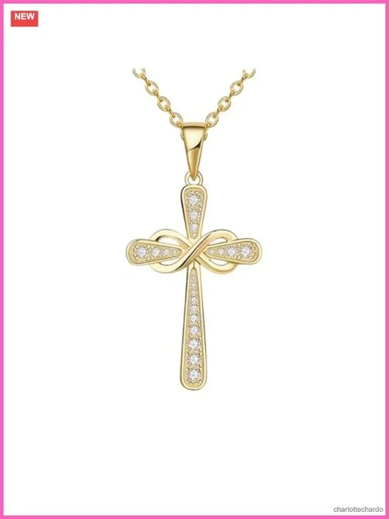Stainless Steel Cubic Zirconia Cross Pendant Necklace 16+2