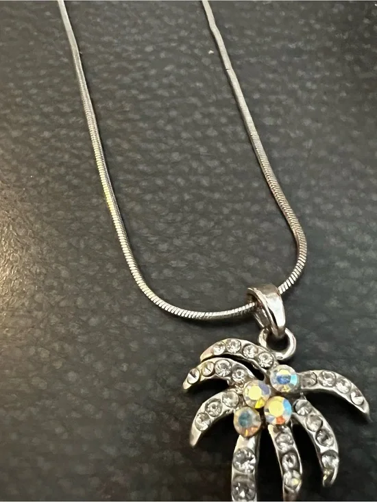 Silver Palm Tree Crystal Pendant Necklace - Silver