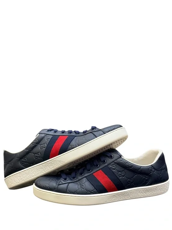 GUCCI - NAVY BLUE ALL LEATHER EMBOSSED MONOGRAM “ACE GG SUPREME” SNEAKERS