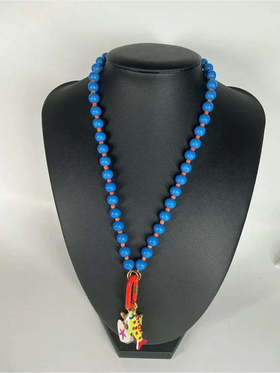 Blue Beaded Necklace with Colorful Fish and Starfish Charms - Women’s necklace