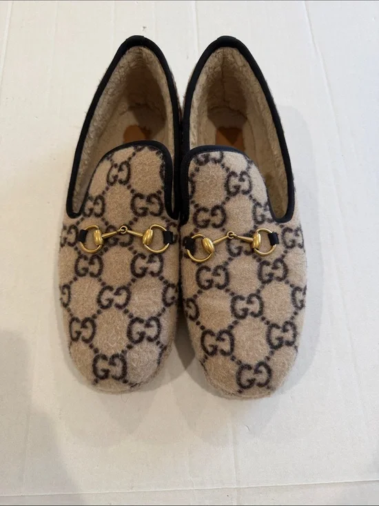 Gucci fría interlocking GG Horsebit loafer Beige Sz 10 men wool fur