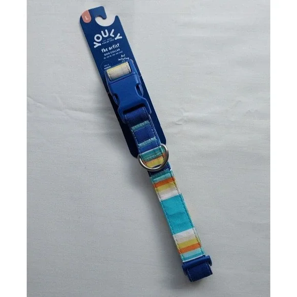 Youly The Artist Dog Collar Blue Orange Stripe Large Beachy NWT Adjustable