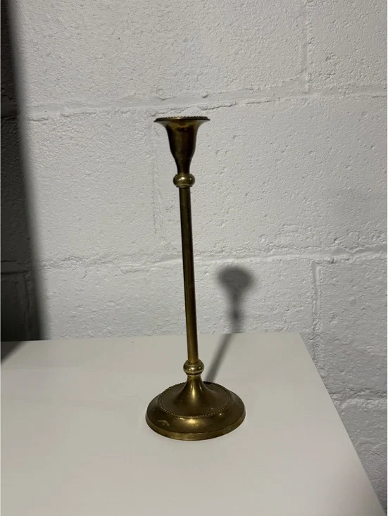 Vintage brass tall delicate beaded rim candlestick