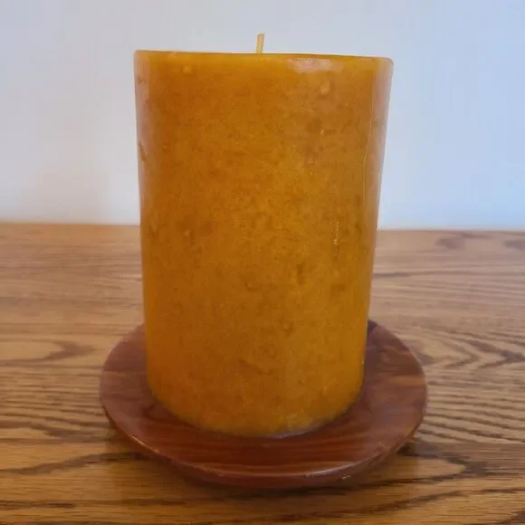 Vintage One Wick Pillar Candle With Red Cedar Wood Under-Plate Gold Amber Orange