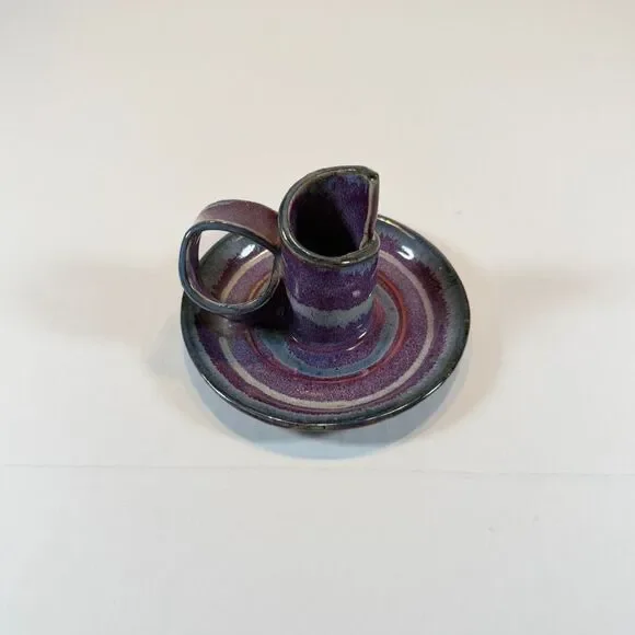 Vintage Bay Pottery Ceramic Chamberstick Candle Holder Purple Blue Drip Glaze
