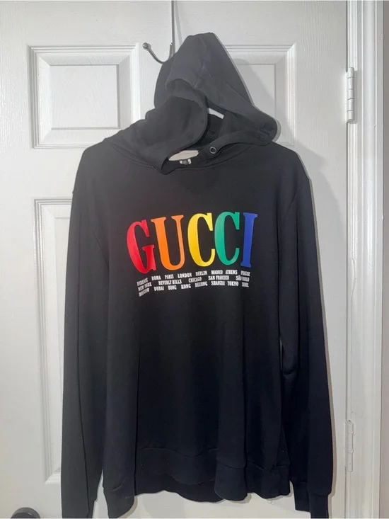 Gucci Cities Logo Multicolor Black Hoodie Size 3XL