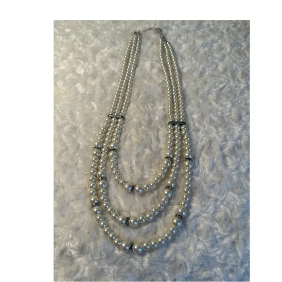 Layered White Faux Pearl Beaded Necklace with Silver Tone Spacers