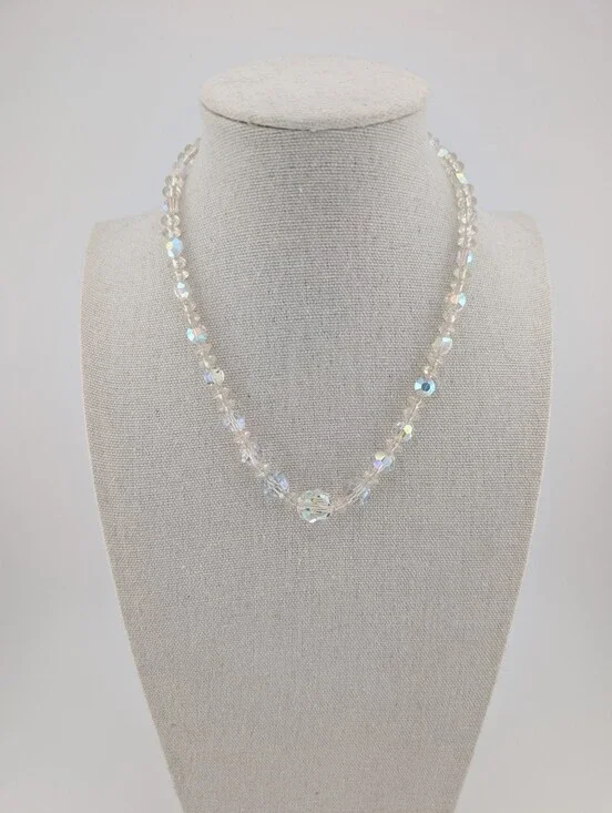Vintage Aurora Borealis AB Crystal Beaded Necklace Clear Iridescent Choker