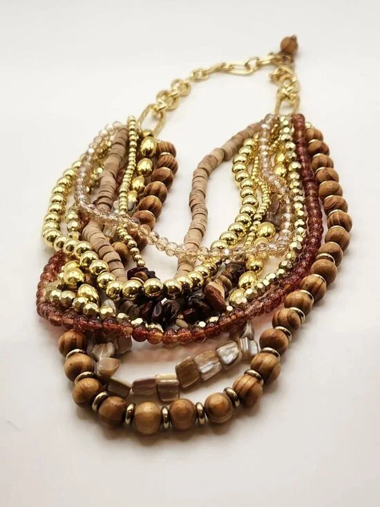 Boho necklace neutral colors gold tone hardware multi strand NIP