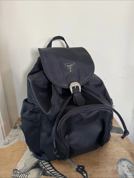 GUESS Black Nylon Drawstring Backpack with Front Pocket