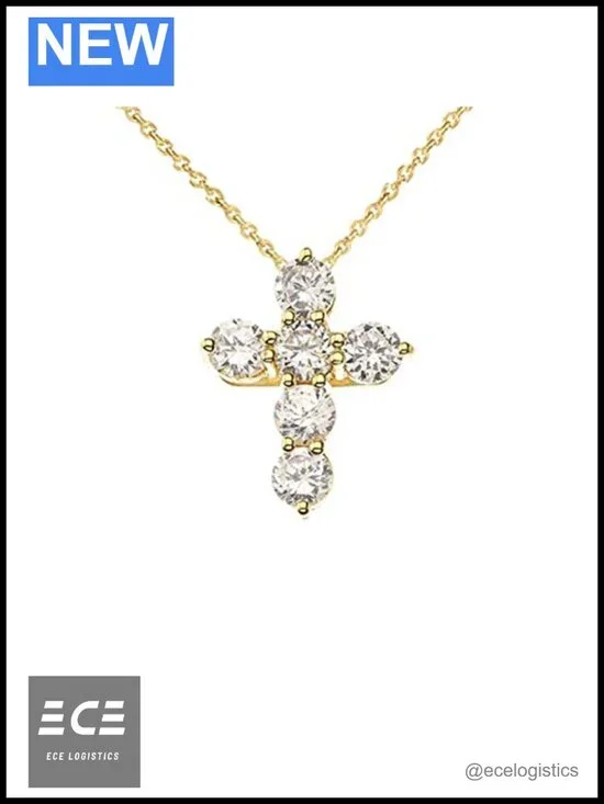 14k Yellow Gold CZ Cross Pendant Necklace Mini 16