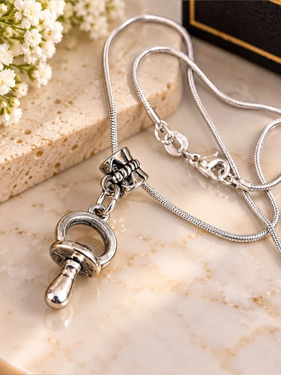 Stainless steel Pacifier Charm Pendant Necklace - Silver
