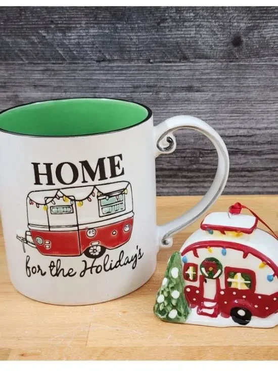 Spectrum Christmas RV CAMP Mug & Matching Ornament Holiday Gift Box Set Blue NWT