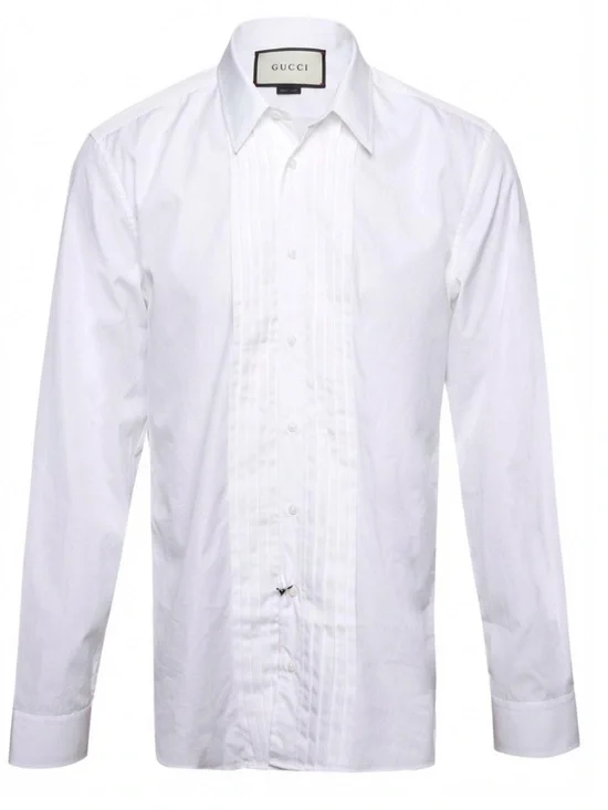 Gucci White Pleated Dress Shirt with Point Collar