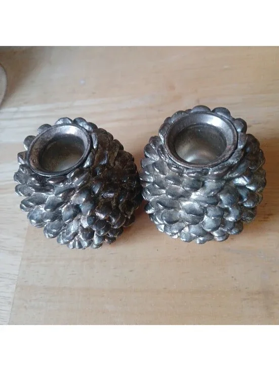 Metal Silver Plate Set Pair PineCone Taper Candle Holders Fall Christmas Decor