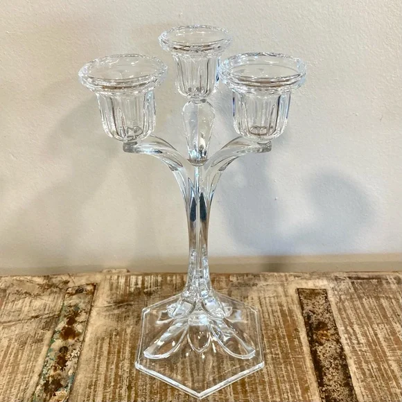 Crystal Candle Holder Candelabra 3-Light Candlestick Holder 10 3/4” Tall Clear