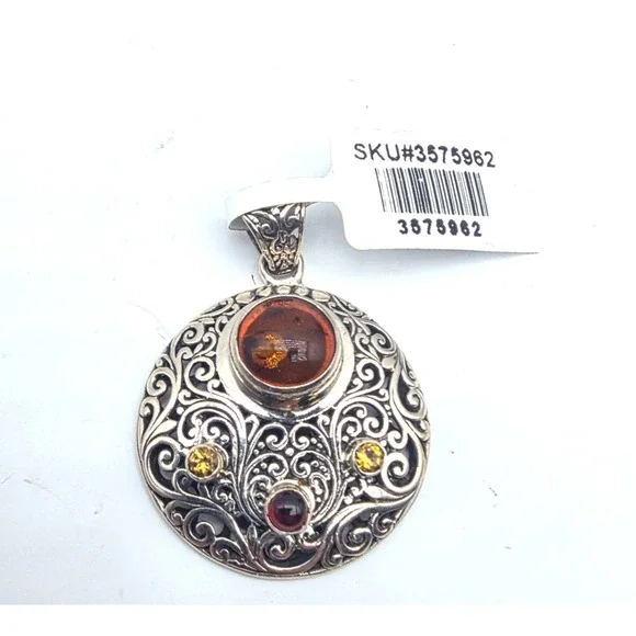New Djoy Amber Garnet Bali Sterling Silver Filigree 1.7