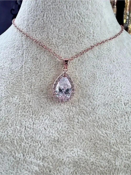 Rose Gold Teardrop Cubic Zirconia Pendant Necklace with Clear Cubic Zirconia