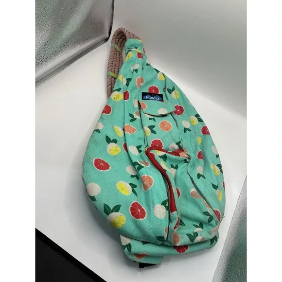 KAVU Blue/Green Multicolor Citrus Print Sling Bag Daypack, Zip, Adjustable Strap